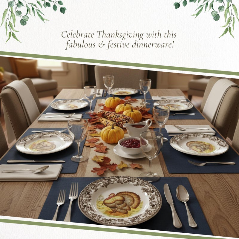 Spode Woodland Turkey Set of 4 Dinner Plates, 10.5" - Thanksgiving Tableware, Collectible Holiday Dish with British Flowers Border, Fine Earthenware - Dishwasher, Microwave, Oven Safe - Image 5